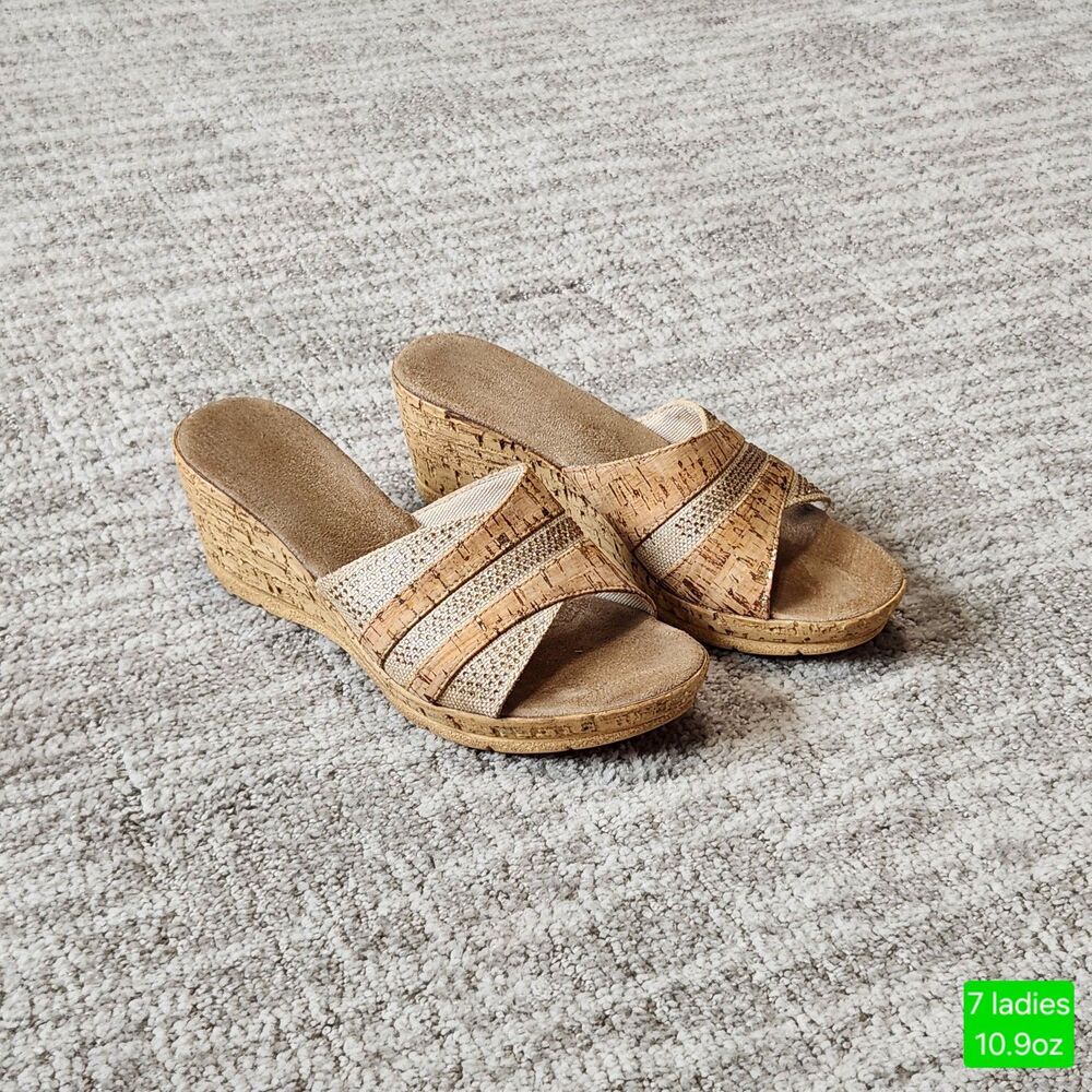 Onex women's Blanche cork wedge sandals linen rhinestone-studded strap size 7